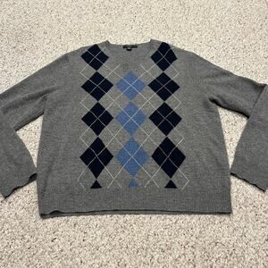 J Crew 100% Lambswool V NEck Sweater Sz XL Argyle Diamond Preppy Light Academia
